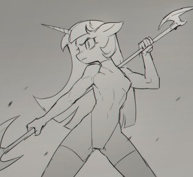 angry anthro athletic athletic_female clothing female fighting_pose hair horn leotard long_hair looking_offscreen melee_weapon particles polearm pose slim solo weapon saturncat friendship_is_magic hasbro my_little_pony mythology twilight_sparkle_(mlp) equid equine mammal mythological_creature mythological_equine unicorn greyscale hi_res monochrome