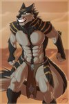 abs anthro biceps biped black_body black_claws black_fur black_nose black_tail bottomwear claws clenched_teeth clothing eyebrows fangs fist fur fur_tuft loincloth male markings muscular muscular_anthro muscular_legs muscular_male muscular_thighs navel nipples orange_eyes orange_markings outside pecs solo standing tail teeth tuft two_tone_tail white_body white_fur white_tail feralise canid canine canis mammal wolf hi_res signature