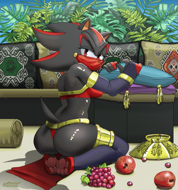 anthro apple black_body bottomwear bowl bra breasts butt clothing container crossgender curvy_figure eyelashes female food fruit grape loincloth looking_at_viewer looking_back looking_back_at_viewer markings mtf_crossgender pawpads pillow plant rear_view red_eyes red_markings solo tail tassels underwear veil arrowdarkened sega sonic_the_hedgehog_(series) shadow_the_hedgehog eulipotyphlan hedgehog mammal absurd_res hi_res