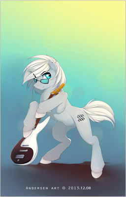 ambiguous_gender blue_eyes border cutie_mark ear_piercing electric_guitar eyewear feral fur glasses grey_body grey_fur guitar hair hooves horn looking_back musical_instrument piercing plucked_string_instrument short_hair smile solo standing string_instrument white_border white_hair antiander hasbro my_little_pony mythology fan_character equid equine mammal mythological_creature mythological_equine unicorn absurd_res hi_res