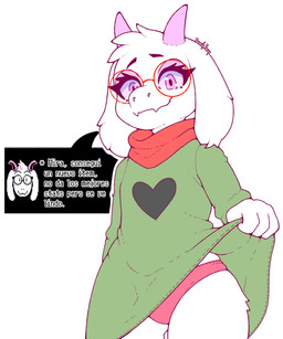 ambiguous_gender anthro bottomwear clothed clothing clothing_lift dialogue dress eyebrows eyelashes eyewear femboy fur glasses hair heart_symbol horn long_ears looking_at_viewer male panties panty_shot pink_clothing pink_panties pink_underwear presenting_panties presenting_underwear scarf scraf shirt shirt_lift simple_background smile solo speech_bubble text topwear underwear upskirt white_body white_fur sharalythesheep deltarune undertale undertale_(series) ralsei bovid caprine mammal 5:6 absurd_res digital_media_(artwork) hi_res translated