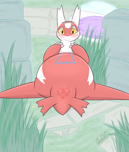 anus blush blush_lines female feral genitals glistening glistening_genitalia glistening_vulva grass looking_at_viewer outside plant presenting presenting_anus presenting_vulva sidewalk smile smiling_at_viewer solo vulva yellow_eyes glacefrostbite nintendo pokemon pokemon_unite generation_3_pokemon latias legendary_pokemon pokemon_(species) absurd_res hi_res
