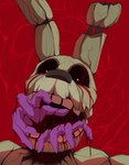 almost_fully_inside ambiguous_gender anthro blood blood_from_eye blood_in_mouth bodily_fluids duo fingers front_view in_mouth machine open_mouth oral_vore partially_inside simple_background simple_eyes solo_focus tan_body teeth vore santanahoffman five_nights_at_freddy's five_nights_at_freddy's_3 scottgames purple_guy_(fnaf) springtrap_(fnaf) william_afton_(fnaf) animatronic lagomorph leporid mammal rabbit robot 2022 absurd_res dated digital_media_(artwork) headshot_portrait hi_res portrait signature