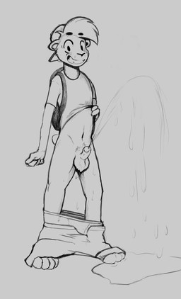 anthro backpack backwards_hat balls bodily_fluids bottomwear bottomwear_down clothed clothing clothing_lift erection genital_fluids genitals hat headgear headwear looking_at_viewer male male_peeing navel pants pants_around_ankles pants_down partially_clothed peeing peeing_while_erect penis shirt shirt_lift smile solo topwear underwear underwear_down urine urine_on_ground urine_pool urine_stream watersports young young_anthro ryansniffs felid lion mammal pantherine monochrome sketch