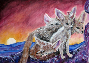 ambiguous_gender black_nose brown_body brown_fur feral fur group outside semi-realistic sleeping sun sunset naircat canid canine fennec_fox fox mammal true_fox 2014 oil_painting_(artwork) painting_(artwork) traditional_media_(artwork) traditional_painting_(artwork)