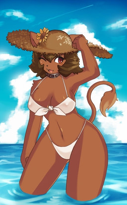 anthro big_breasts bikini biped blush breasts brown_eyes brown_hair clothed clothing collar day female flower hair hat headgear headwear kemono navel nipple_outline one_eye_closed open_mouth outside plant skimpy sky solo standing straw_hat studded_collar studs swimwear tail tight_clothing two-piece_swimsuit water white_bikini white_clothing white_swimwear wide_hips wink mrsk atlus megami_tensei sega hecate_(megami_tensei) felid lion mammal pantherine 2009