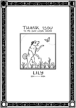 ambiguous_gender date detailed_border feral fur on_hind_legs open_mouth plant solo tail text tribute mia_cain ambient_arthropod ambient_butterfly ambient_insect canid canine canis domestic_dog mammal absurd_res english_text hi_res