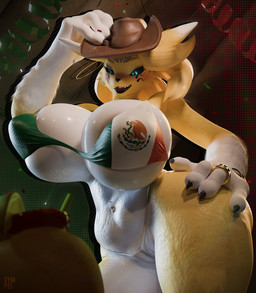 anthro areola areola_slip belly beverage big_breasts bikini black_sclera blue_eyes breasts claws clothing confetti cowboy_hat dancing ear_piercing ear_ring female flag_bikini flag_swimwear fur glistening glistening_breasts hand_on_hip hat headgear headwear huge_breasts huge_hips looking_at_viewer mexican_flag mexican_flag_bikini mexico navel navel_piercing piercing pose ring ring_piercing solo swimwear thick_thighs two-piece_swimsuit wide_hips yellow_body yellow_fur vympel dogzeela_(modeler) bandai_namco digimon digimon_(species) taomon 3d_(artwork) digital_media_(artwork) hi_res pinup