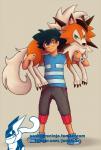 ambiguous_gender black_hair brown_eyes duo fur green_eyes grey_background hair male orange_body orange_fur simple_background text z-ring junaip3r nintendo pokemon ash_ketchum pokemon_trainer canid canine dusk_lycanroc generation_7_pokemon human lycanroc mammal pokemon_(species) hi_res url