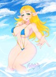 areola big_breasts bikini blonde_hair blue_bikini blue_clothing blue_swimwear breasts clothing female hair navel not_furry one-piece_swimsuit sling_bikini solo swimwear two-piece_swimsuit kitsuumi breath_of_the_wild nintendo the_legend_of_zelda princess_zelda humanoid hylian absurd_res hi_res