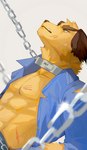 abs anthro bdsm chain chain_leash clothed clothing collar fur leash male open_clothing open_shirt open_topwear pecs petplay police police_officer police_uniform roleplay scar shirt topwear uniform yellow_body yellow_eyes yellow_fur acheki lifewonders tokyo_afterschool_summoners nobumichi_(tas) canid canine canis domestic_dog mammal hi_res