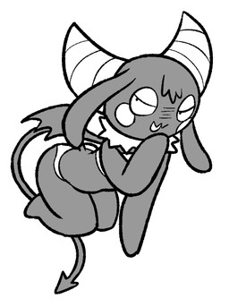 2_horns anthro big_horn black_body black_ears black_eyes black_fur black_tail black_tuft black_wings bra cheek_markings circle_(marking) clothing facial_markings featureless_feet featureless_hands feet female female_anthro floppy_ears fur half-closed_eyes head_markings horn long_ears looking_aside lop_ears markings membrane_(anatomy) membranous_wings narrowed_eyes neck_tuft open_mouth open_smile panties pupils scheming simple_background small_pupils small_wings smile solo spade_tail tail tuft underwear white_background white_bra white_cheeks white_clothing white_horn white_markings white_panties white_tuft white_underwear wings o-den bibi_(o-den) demon succubus 2026 digital_media_(artwork) monochrome
