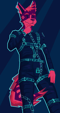 anthro athletic athletic_anthro bdsm bdsm_outfit belt_buckle blue_bodysuit blue_clothing blue_highlights blue_skinsuit bodysuit bondage bondage_harness bound buckle chain chain_leash clothing collar cuffs_(object) eyebrow_slit eyebrows front_view fur fur_markings gimp_suit grabbing_collar hair harness highlights_(coloring) latex latex_bodysuit latex_clothing latex_skinsuit leash leashed_collar leashed_male light_from_above lock_bulge lock_symbol male markings null_bulge pink_body pink_fur pink_hair purple_body purple_fur purple_nose skinsuit solo square_markings submissive submissive_male tight_clothing garbage_art fancy_dawg canid canine canis domestic_dog mammal cel_shading digital_media_(artwork) hi_res krita_(artwork) shaded