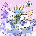 ambiguous_gender blush bubble claws feral fur group horn smile trio white_body daaon_dragon capcom monster_hunter fanged_wyvern leviathan_(mh) mizutsune zinogre 1:1 hi_res