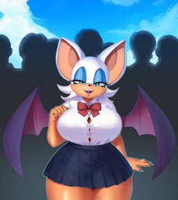 anthro bat_wings bedroom_eyes big_breasts bottomwear breasts button_(fastener) cleavage clothed clothing curvy_figure fangs female hair looking_at_viewer membrane_(anatomy) membranous_wings narrowed_eyes navel school_uniform seductive shirt shortstack skirt solo straining_buttons tan_body tan_skin teal_eyes teeth thick_thighs topwear uniform voluptuous white_hair wide_hipped_female wide_hips wings wakenart sega sonic_the_hedgehog_(series) rouge_the_bat bat mammal hi_res