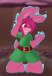 2017 a_link_to_the_past anthro belt biped clothing confusion fur green_clothing green_shirt green_topwear green_tunic grimev hair hi_res kneeling lagomorph leporid link_(rabbit_form) male mammal nintendo pink_body pink_eyes pink_fur pink_hair rabbit shirt solo species_transformation the_legend_of_zelda topwear transformation tunic