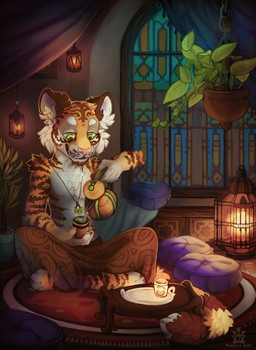 5_fingers anthro arm_tuft beard beverage biped brown_tail carpet cheek_tuft chest_tuft claws clothed clothing container countershading crossed_legs cup detailed_background dipstick_tail ear_tuft elbow_tuft eyebrows facial_hair facial_tuft feet fingers fur gloves_(marking) green_eyes holding_container holding_cup holding_object inner_ear_fluff inside jewelry lamp lantern looking_down male markings multicolored_body multicolored_fur multicolored_tail necklace orange_body orange_fur pillow pink_nose plant plant_pot sitting smile solo striped_body striped_fur stripes tail tail_markings tea teapot toeless_(marking) topless tuft two_tone_body two_tone_fur whiskers white_body white_fur white_tail window yellow_tail flemaly felid mammal pantherine tiger absurd_res hi_res
