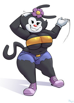 anthro belly big_breasts black_body black_fur bottomwear breasts cleavage clothed clothing curvy_figure denim denim_bottomwear denim_clothing denim_shorts dot_eyes female fingers flower fur gloves handwear long_tail looking_at_viewer multicolored_body multicolored_fur navel plant shorts simple_background simple_eyes skimpy slightly_chubby smile solo tail teeth thick_thighs topwear tube_top two_tone_body two_tone_fur under_boob voluptuous white_background white_body white_fur wide_hips joelasko animaniacs warner_brothers dot_warner inkblot mammal 2020 dated digital_drawing_(artwork) digital_media_(artwork) hi_res signature