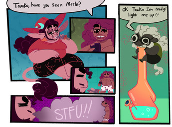 beard bong boxers_(clothing) boxers_only clothed clothing dialogue drugged drugs eyelashes facial_hair group hat headgear headwear male marijuana micro mustache overweight overweight_male sitting smoke smoking smoking_marijuana speech_bubble substance_intoxication tail text topless trio underwear underwear_only goatpaste the_adventure_zone the_mcelroy_family magnus_burnsides merle_highchurch taako dwarf elf human humanoid mammal comic english_text hi_res