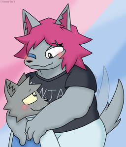 anthro blush clothed clothing duo female fur hair happy hug hugging_another looking_at_another looking_at_partner looking_back male male/female overweight overweight_anthro overweight_female romantic romantic_couple simple_background slightly_chubby smile tail tail_motion text tunrix_canrio mau_makan_apa exoworo gix_busok canid canine canis domestic_cat felid feline felis mammal wolf digital_media_(artwork) hi_res