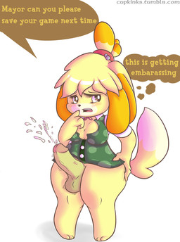 2013 animal_crossing balls blush breasts canine cleavage clopper-dude clothed clothing cum dickgirl fur intersex isabelle_(animal_crossing) looking_at_viewer looking_away mammal nintendo penis solo video_games yellow_fur
Rating: Explicit
Score: 6
User: Untamed
Date: July 19, 2013
