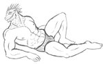 anthro briefs bulge clothing colored_underwear for_a_head hand_on_ground lying male navel pecs simple_background solo underwear white_background thegreatmatsutzu dorohedoro kaiman_(dorohedoro) animal_head animal_humanoid humanoid reptile scalie black_and_white monochrome sketch