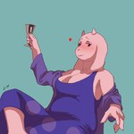 1:1 2024 anthro blush boss_monster_(undertale) bovid breasts caprine cleavage clothed clothing container cup drunk female goat goblet heart_symbol komm64 mammal simple_background solo substance_intoxication teal_background toriel undertale_(series)