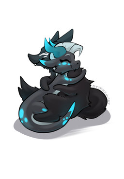 6_eyes anthro black_body black_fur chibi cuddling duo eyes_closed fangs female fluffy fluffy_tail fur furry_tail horn hug male male/female markings mohawk multi_eye smile spots spotted_markings tail tapering_tail teeth stirren stirren_(stirren) woon_(sixeyedfox) canid canine fox kobold mammal scalie hi_res