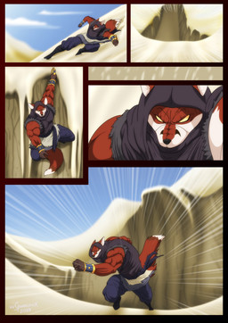 anthro armor big_muscles bottomwear bracers cliff clothing cloud desert feet footwear fur headgear headwear hood male multicolored_body multicolored_fur muscular red_body red_fur sand sky solo topwear two_tone_body two_tone_fur white_body white_fur xxsparcoxx acarius_medjay teofacio_larna canid canine fox mammal red_fox true_fox 2023 comic digital_media_(artwork) hi_res