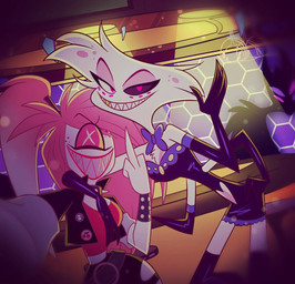 ascot bow_tie clothed clothing crossdressing drag_(fashion) drag_queen dress duo female femboy gesture hand_gesture jacket male middle_finger selfie sharp_teeth teeth topwear vivzmind hazbin_hotel hellaverse instagram angel_dust cherri_bomb_(hazbin_hotel) animal_humanoid arachnid arachnid_humanoid arthropod arthropod_humanoid cyclops demon humanoid spider_humanoid official_art