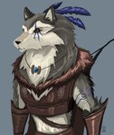 amber_eyes ambiguous_gender anthro armor biped black_nose bow_(weapon) feathers grey_background jewelry leather leather_armor necklace ranged_weapon simple_background solo standing weapon wolfdawg armello league_of_geeks river_(armello) canid canine canis mammal wolf hi_res