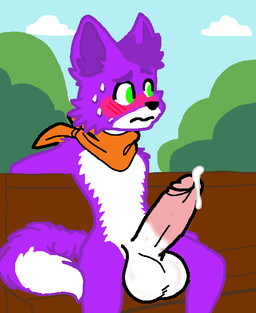anthro balls big_balls big_penis blush bodily_fluids cum ejaculation exhibitionism fox_tail fur genital_fluids genitals green_eyes kerchief kerchief_only male mostly_nude neckerchief neckerchief_only neckwear orange_kerchief orange_neckerchief outside park penis public public_nudity purple_body purple_fur solo only_cats catswell felid feline mammal