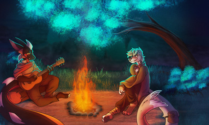 accessory anthro back_spikes backlighting bag bard bottomwear claws clothed clothing criss-cross druid duo fangs feet finger_claws fire fireplace floppy_ears fluffy fluffy_ears fluffy_tail fully_clothed fur furgonomics glowing grass grass_field guitar hair horn leg_wrap light magic_user male markings multicolored_body multicolored_fur musical_instrument one_leg_up outside pants pawpads paws plant plucked_string_instrument raised_leg raised_tail shirt sitting sitting_on_ground smile spiked_tail spikes spikes_(anatomy) string_instrument tail tail_accessory tail_bag teeth topwear tree tribal_spellcaster tuft two_tone_body two_tone_fur underdark yellow_eyes hoshka dungeons_and_dragons hasbro wizards_of_the_coast aquatic canid canine kobold lizard mammal pinniped reptile scalie seal digital_media_(artwork) hi_res lighting