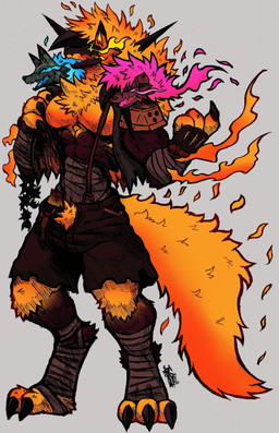 3_heads anthro armor athletic athletic_male bandage barazoku belt belt_buckle biceps big_bulge big_muscles big_pecs black_body blue_fire bodily_fluids boots bottomwear bottomwear_down buckle bulge chain claw_fingers claws clothed clothing colored_fire fangs fiery_hair fingers fire fluffy fluffy_tail footwear front_view fur glistening glistening_body glistening_pecs glowing glowing_body glowing_eyes glowing_mouth hair inviting_viewer male markings melee_weapon multi_head multicolored_body multicolored_ears muscular muscular_anthro muscular_arms muscular_male neck_tuft nipples open_bottomwear open_clothing open_pants orange_body orange_eyes orange_hair pants partially_clothed pecs shoes shorts simple_background smile smirk solo spiky_hair standing suspenders sweat sword tail taunting teeth text thick_arms topless topwear torn_clothing tough_guy triceps tuft weapon jwbash capcom devil_may_cry epic_games european_mythology fortnite game_freak greek_mythology mythology nintendo pokemon cerberus_(fortnite) kyoto_rex kyoto_rex_(hellhound_rage_form) canid canid_demon canine canis cerberus deity demon dusk_lycanroc generation_7_pokemon hellhound lycanroc mammal midday_lycanroc midnight_lycanroc monster mythological_canine mythological_creature pokemon_(species) absurd_res hatching_(art) hi_res model_sheet shaded watermark