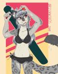 alternate_species anthro bikini breasts clothing colored_nails eyewear female fur glasses grey_body grey_fur grey_hair hair hand_on_head inner_ear_fluff markings nails navel open_mouth red_eyes solo spots spotted_body spotted_fur standing swimwear tuft two-piece_swimsuit wet brisskwinds danganronpa danganronpa_2 spike_chunsoft peko_pekoyama felid mammal pantherine snow_leopard portrait three-quarter_portrait