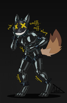 anthro black_clothing black_latex black_skinsuit brown_body brown_fur clothing crotch_zipper drone dronification feeling_up_self feet fur latex latex_clothing latex_skinsuit male mask onomatopoeia rubbing_self simple_background skinsuit solo sound_effects tail text tight_clothing x_eyes lukst karr_(lukst) canid canine canis domestic_dog mammal english_text full-length_portrait hi_res portrait