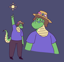 anthro clothed clothing eyewear fishing_hat gesture glasses hand_gesture looking_at_viewer male pointing simple_background solo tail toony thegunkster crocodilian reptile scalie digital_media_(artwork) hi_res