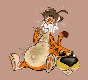anthro belly big_belly bodily_fluids border clothing cosplay costume eyewear fangs fur gesture hair half-closed_eyes hand_fan hand_on_head male markings mascot narrowed_eyes navel obese obese_anthro obese_male open_mouth outie_navel overweight overweight_anthro overweight_male pink_border raised_tail sitting solo spots spotted_body spotted_fur sunglasses sweat tail teeth waving waving_hand whiskers scudmum cheetos chester_cheetah maz_(scudmum) cheetah felid feline mammal pantherine tiger 2026