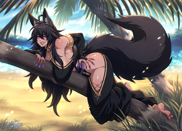 barefoot big_breasts black_hair breasts colored_nails feet female hair hanging_breasts harem_outfit humanoid_feet long_hair nails palm_tree plant plantigrade purple_eyes solo tail tree crescentia_fortuna animal_humanoid canid canid_humanoid canine canine_humanoid humanoid mammal mammal_humanoid wolf_humanoid 2026 dated signature