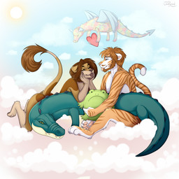 anthro biped butt claws countershade_torso countershading duo feet female fingers fur hair male nude nude_anthro nude_female nude_male pawpads paws sitting smile stripes tail teeth toes tongue rimann felid lion mammal pantherine tiger 2026 digital_drawing_(artwork) digital_media_(artwork) hi_res