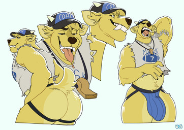 anthro biceps bulge butt clothing fangs fur hand_behind_head hat headgear headwear jockstrap male muscular muscular_male onomatopoeia open_mouth shirt simple_background smile solo sound_effects tail tank_top teeth text tongue tongue_out topwear underwear whistle_(object) yawn yellow_body bluesh dj_strap canid canine canis domestic_dog mammal absurd_res colored digital_drawing_(artwork) digital_media_(artwork) hi_res sketch_page