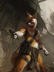 anthro biped black_nose bottomwear breechcloth claws clothed clothing detailed_background fist fur gun handgun holding_gun holding_object holding_ranged_weapon holding_weapon holster knife loincloth low-angle_view male nipples orange_body orange_fur paws pelvic_curtain ranged_weapon rifle solo text topless weapon white_body white_fur nomax bruma_(rinzazen) canid canine canis ethiopian_wolf mammal 2016 artist_name hi_res