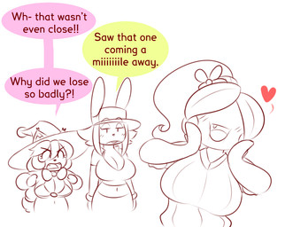 anthro big_breasts blush blush_lines bow_tie breasts cleavage clothed clothed_anthro clothed_female clothed_humanoid clothing dialogue eye_through_hair eyebrow_through_hair eyebrows eyeless female floating_eyebrows frown furgonomic_baseball_cap furgonomic_hat furgonomic_headwear furgonomic_witch_hat furgonomics gloves group hair handwear hat headgear headwear heart_symbol inner_ear_fluff linked_speech_bubble long_ears looking_at_another midriff navel open_frown open_mouth open_smile plant smile speech_bubble sweater tail text topwear translucent translucent_hair trio tuft witch_hat theycallhimcake frannie_funbun lili_(theycallhimcake) totty_(theycallhimcake) canid canine canis domestic_dog elemental_creature elemental_humanoid flora_fauna humanoid lagomorph leporid mammal plant_humanoid rabbit 2015 digital_drawing_(artwork) digital_media_(artwork) english_description english_text half-length_portrait portrait restricted_palette sketch