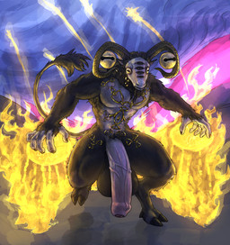 anthro balls big_balls big_penis fight fighting_pose fire foreskin genitals hooves horn huge_balls huge_penis hyper hyper_genitalia hyper_penis jewelry long_tail magic male multi_eye muscular muscular_anthro muscular_male penis pose pubes solo tail vein veiny_penis shybird elden_ring elden_ring_nightreign fromsoftware libra_creature_of_night bovid caprine demon goat mammal absurd_res hi_res