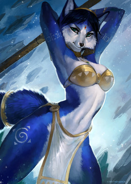 anthro big_breasts black_nose blue_body blue_fur blue_hair bottomwear bra breasts cheek_tuft clothed clothing countershading eyelashes facial_tuft female fluffy fluffy_tail fur green_eyes hair hand_behind_head hands_behind_head holding_object holding_staff holding_weapon jewelry loincloth looking_at_viewer midriff navel necklace raised_arm raised_arms realistic slim solo spread_legs spreading staff standing strapless_bra strapless_clothing strapless_underwear tail tuft underwear weapon white_body white_fur juliathedragoncat nintendo star_fox krystal_(star_fox) canid canine fox mammal 2020 hi_res portrait three-quarter_portrait