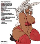 animal_ears animal_tail big_breasts blue_eyes breasts choker cleavage clothed clothing cotton_tail dark_body dark_skin eyelashes female footwear fur grey_clothing grey_footwear grey_high_heels hair high_heels jewelry kneeling lingerie long_hair looking_at_viewer markings mole_(marking) mole_under_mouth muscular muscular_female navel necklace one_eye_closed pink_clothing pink_lingerie scar shoes smile solo tail tail_motion tailwag text thick_thighs white_body white_fur white_hair wide_hips franchico1994 my_hero_academia fan_character romi_usagiyama animal_humanoid humanoid lagomorph lagomorph_humanoid leporid_humanoid mammal mammal_humanoid rabbit_humanoid hi_res