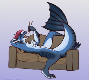 anthro areola big_tail blue_body body_sushi breasts casual_nudity chopsticks eating eating_food erect_nipples eyes_closed female fish_hook fish_hook_piercing food food_fetish food_on_belly food_on_body food_play furniture genitals grey_areola grey_nipples hair holding_chopsticks holding_object hook humanoid_hands lying lying_on_sofa navel nipples non-mammal_breasts non-mammal_navel non-mammal_nipples on_sofa open_mouth piercing pink_hair sofa solo sushi tail vulva dansharkman billie_(phantompackmate) aquatic barracuda fish istiophoriform 2026 digital_drawing_(artwork) digital_media_(artwork) english_description hi_res