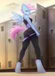 anthro athletic athletic_female bra breasts bubble_butt butt clothing cutie_mark ear_piercing female inside locker_room looking_at_viewer looking_back low-angle_view piercing rear_view ring_piercing small_breasts solo sports_bra sports_panties sportswear standing underwear undressing wings 4m4i hasbro my_little_pony mythology skyline_(oc) equid equine mammal mythological_creature mythological_equine pegasus absurd_res hi_res