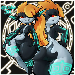 big_butt black_background black_body blue_markings border bottom_heavy breasts butt eyelashes featureless_breasts featureless_crotch featureless_feet feet female grey_body hair hair_over_eye hand_on_hip humanoid_pointy_ears looking_at_viewer looking_back looking_back_at_viewer markings navel orange_hair pointy_ears ponytail red_eyes shortstack shortstack_female simple_background small_breasts smile snaggle_tooth solo thick_thighs white_border wide_hips yellow_sclera chuchujello nintendo the_legend_of_zelda twilight_princess midna humanoid imp twili 1:1 2025 hi_res