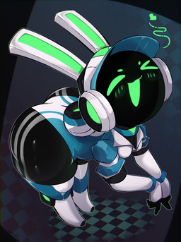 anthro armwear big_butt black_background black_body blue_clothing blue_hat blue_headwear blue_jacket blue_jumpsuit blue_topwear butt checkered checkered_background clothing elbow_gloves electronics eyebrows featureless_feet feet female female_anthro fingerless_gloves glistening_thighs gloves glowing glowing_eyes glowing_mouth green_eyes green_mouth grey_body handwear hat headgear headphones headwear heart_symbol high-angle_view huge_butt jacket leaning leaning_forward legwear looking_at_viewer one_eye_closed open_mouth open_smile pattern_background rabbit_ears robotic_ear robotic_tail simple_background smile solo striped_body stripes thick_thighs thigh_highs topwear white_clothing white_hat white_headwear white_jacket white_jumpsuit white_topwear wide_hips wink winking_at_viewer imerald project_turboblast tempo_(project_turboblast) animal_humanoid humanoid robot_anthro 2026 absurd_res alternate_version_at_paywall hi_res shaded